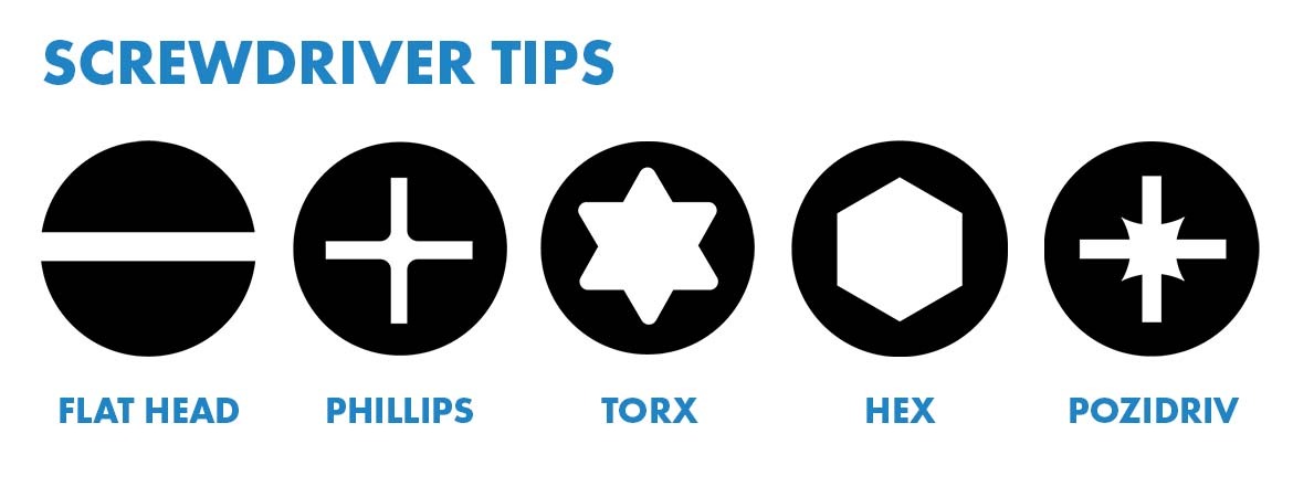 סוגי ראשי ברגים שונים.