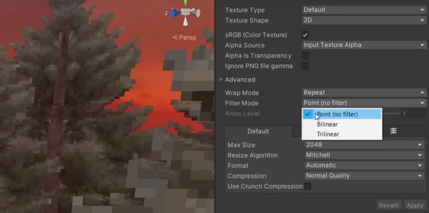 הגדרות ייבוא תמונה של Unity למראה רטרו.